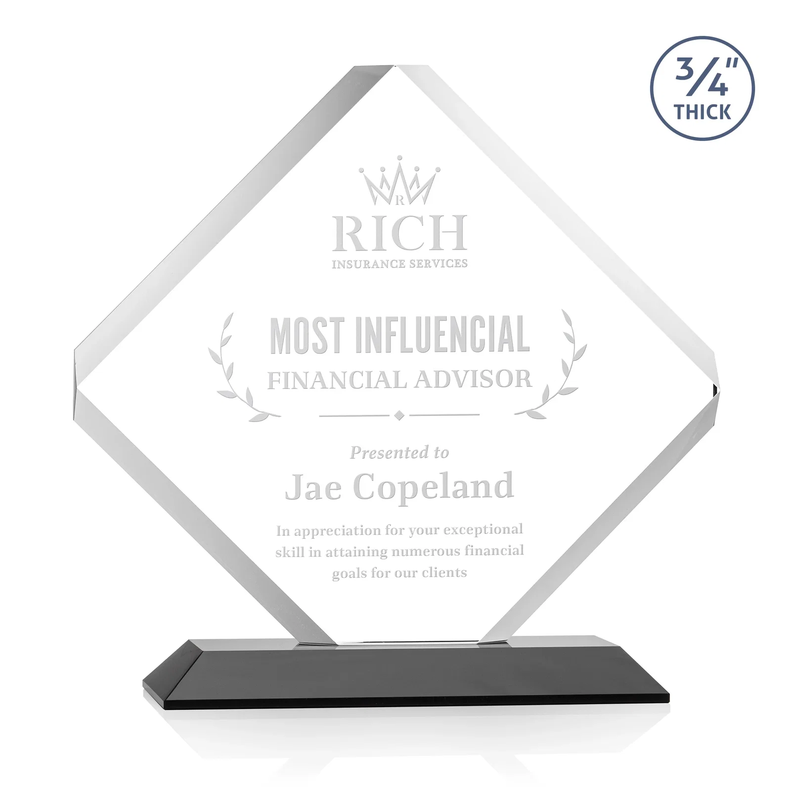 Personalized Clipped-Edge Starfire Crystal Diamond Award on Standard Base for retirement presentations
