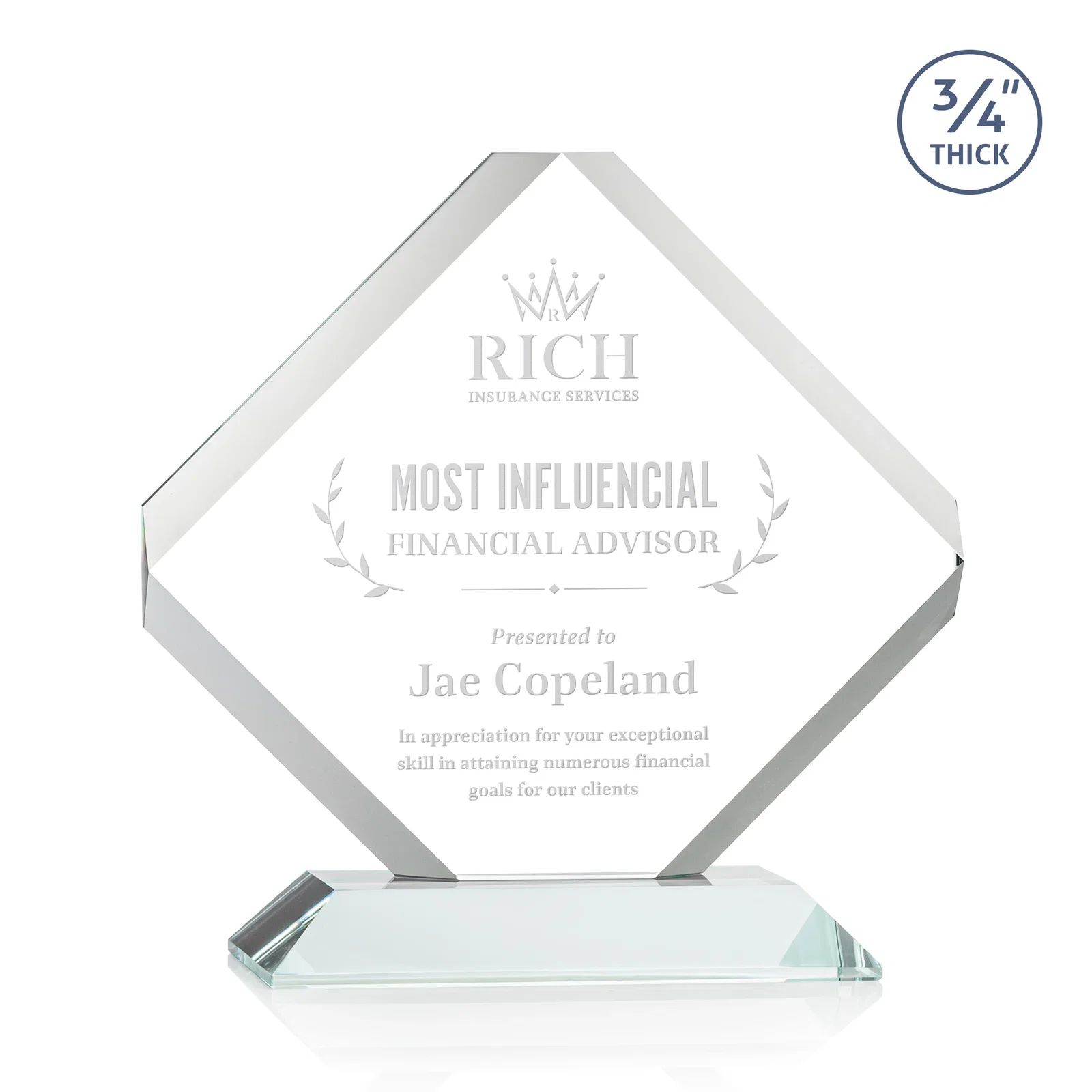Custom Clipped-Edge Starfire Crystal Diamond Award on Standard Base for corporate award ceremonies