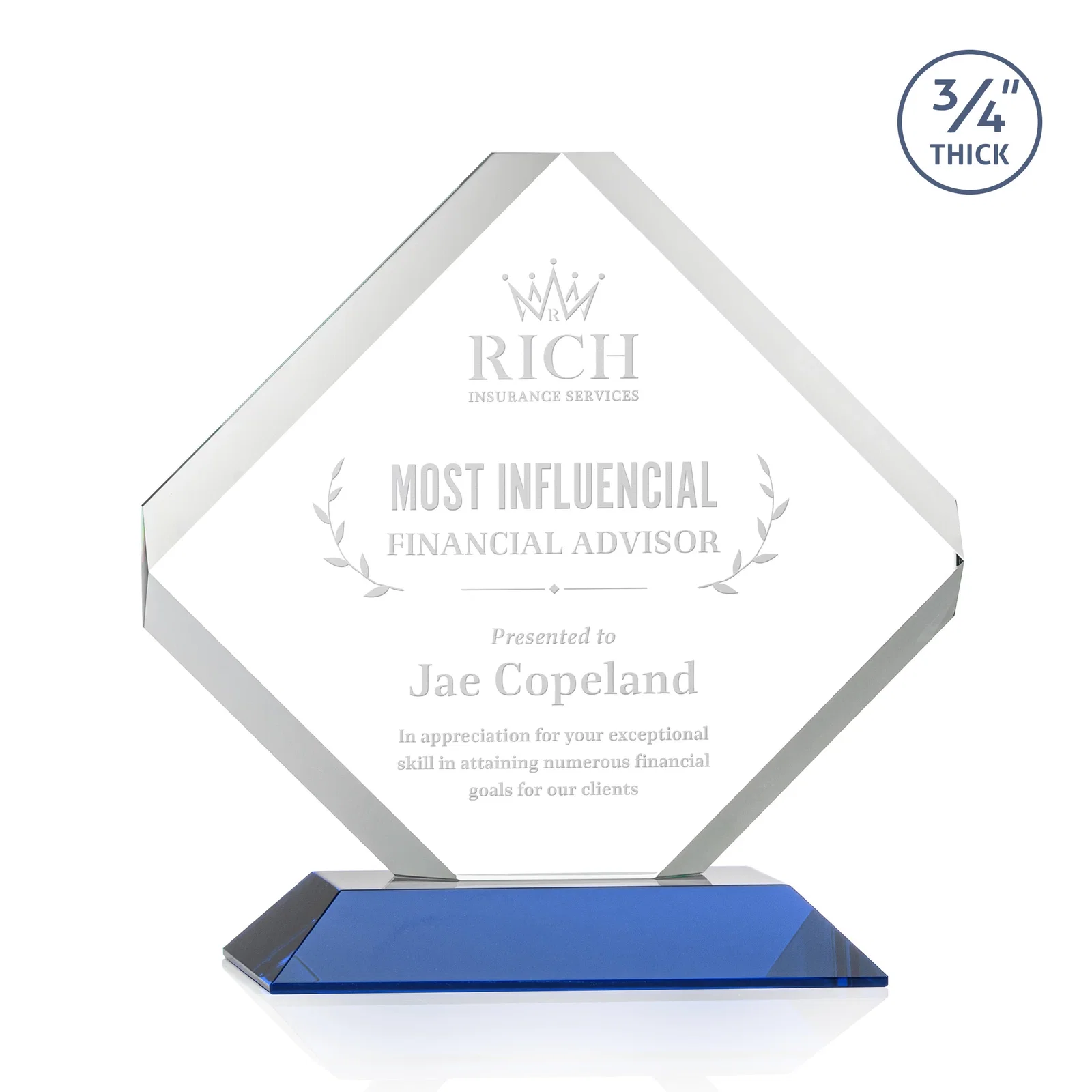 Personalized Clipped-Edge Starfire Crystal Diamond Award on Standard Base for donor appreciation
