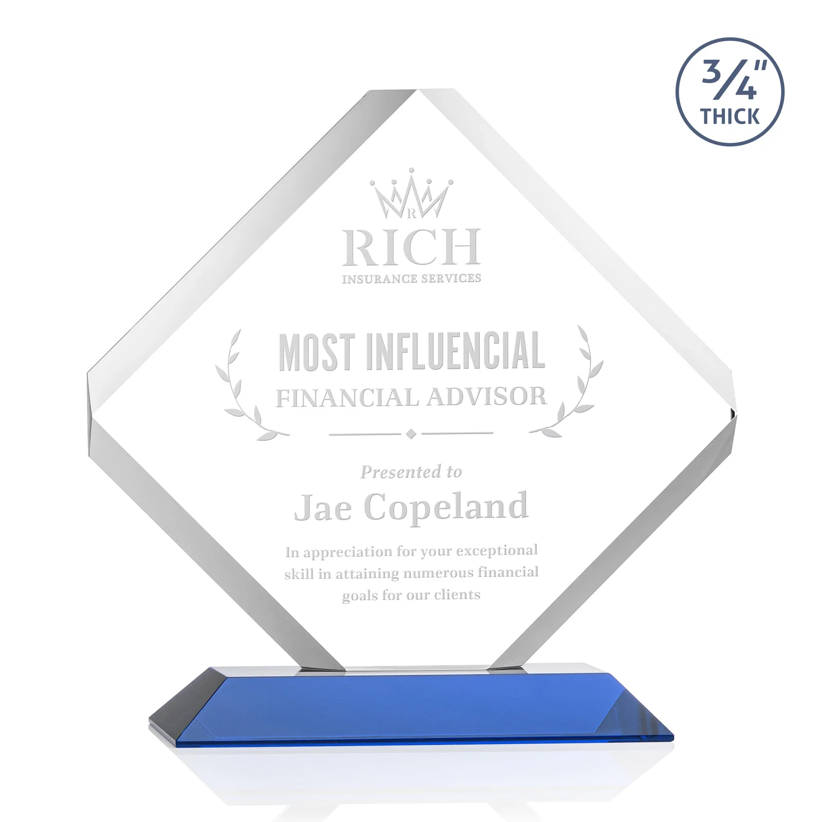 Personalized Clipped-Edge Starfire Crystal Diamond Award on Standard Base for graduation ceremonies