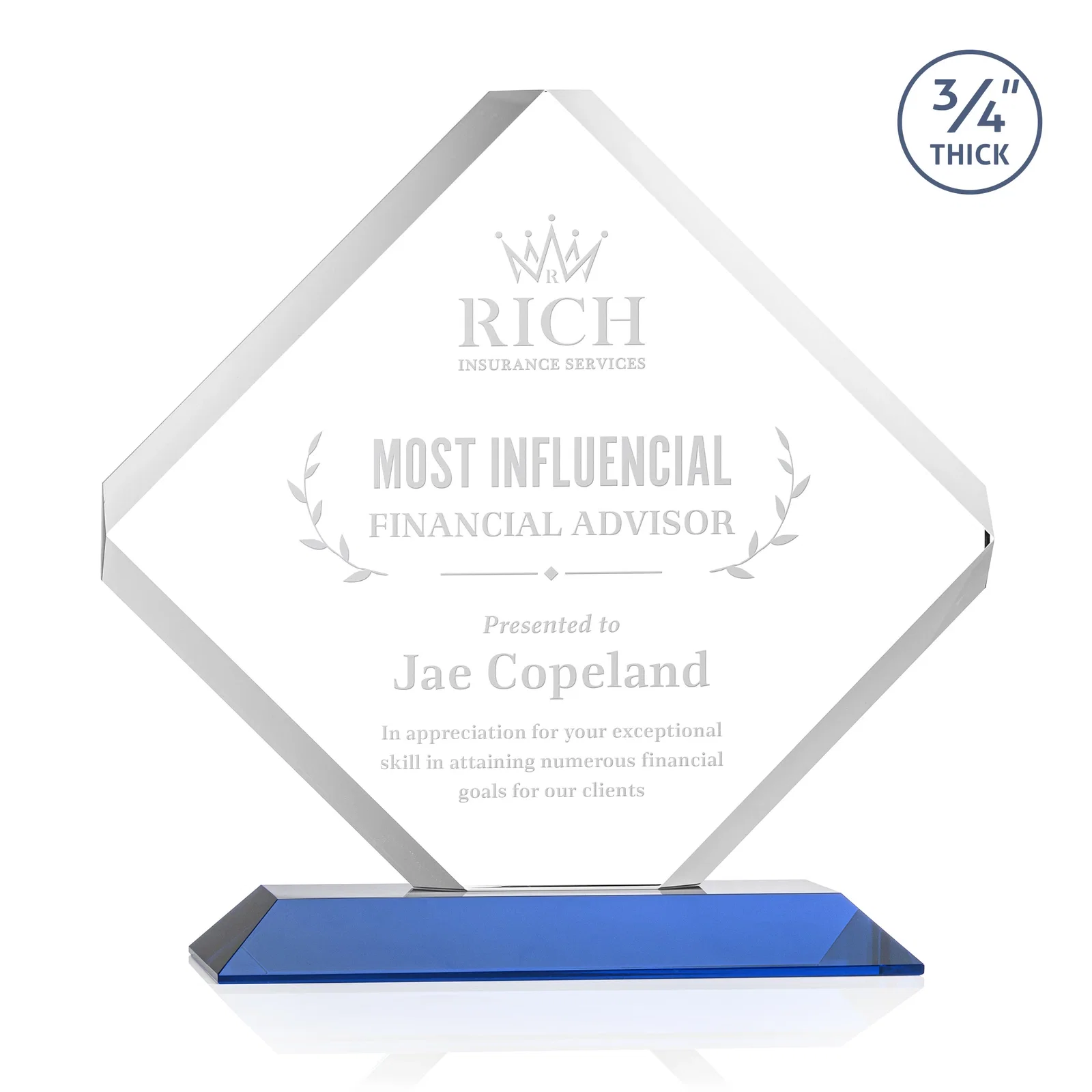 Personalized Clipped-Edge Starfire Crystal Diamond Award on Standard Base for safety achievement programs