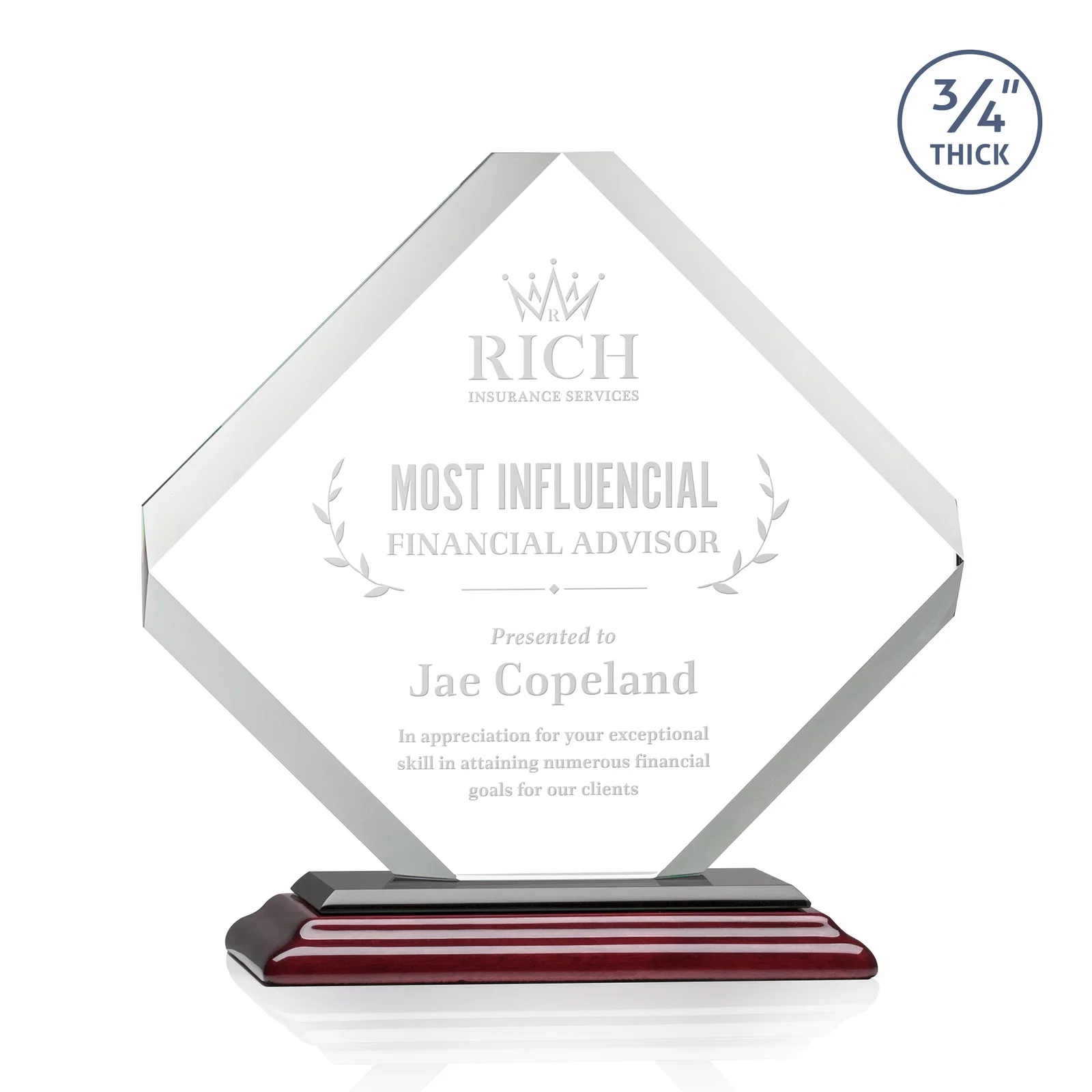 Personalized Clipped-Edge Starfire Crystal Diamond Award on Standard Base for dealer and partner awards