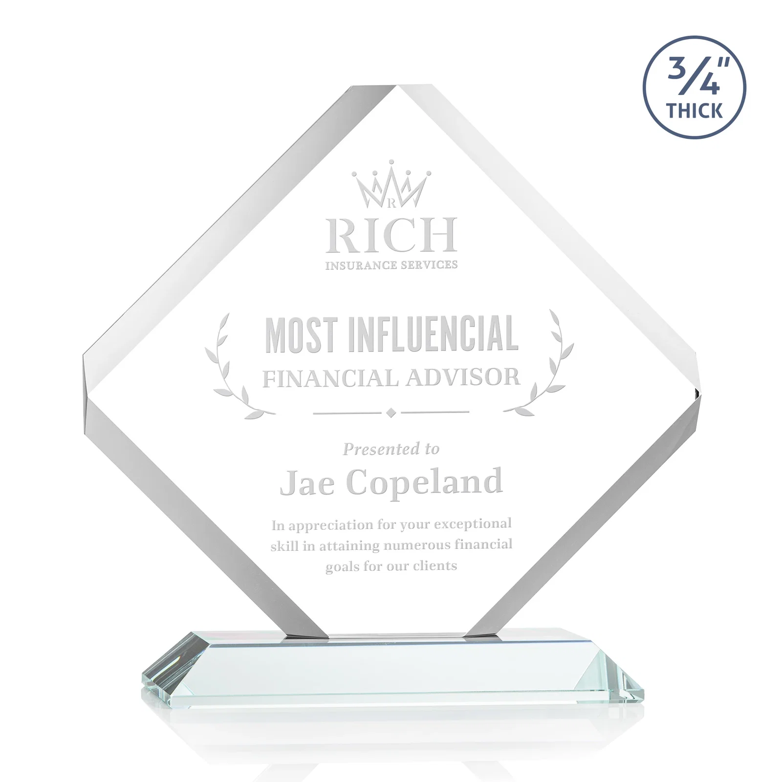 Custom Clipped-Edge Starfire Crystal Diamond Award on Standard Base for service anniversary gifts