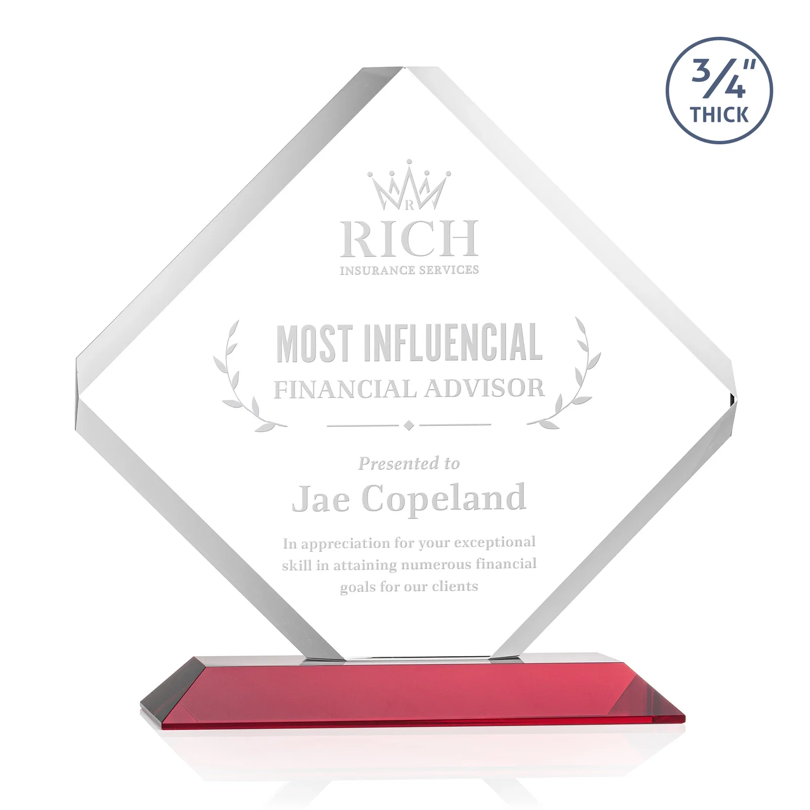 Promotional Clipped-Edge Starfire Crystal Diamond Award on Standard Base for retirement presentations