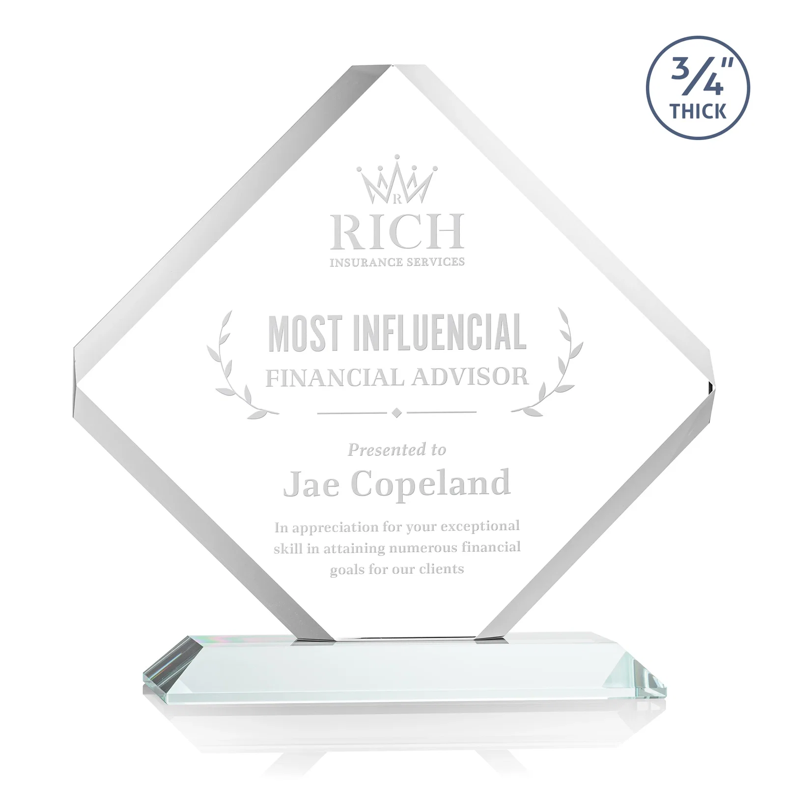 Custom Clipped-Edge Starfire Crystal Diamond Award on Standard Base for sales achievement awards