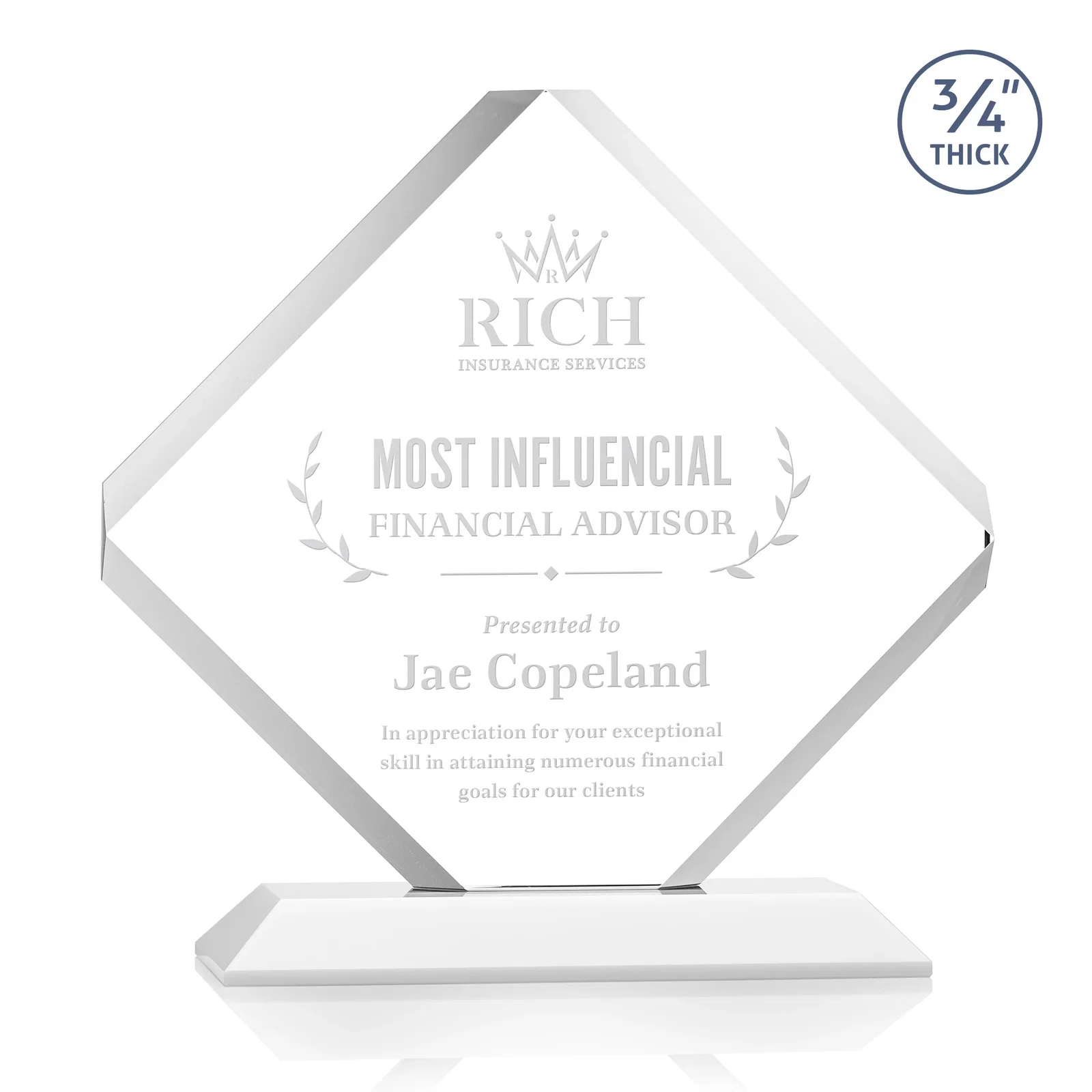 Branded Clipped-Edge Starfire Crystal Diamond Award on Standard Base for employee recognition