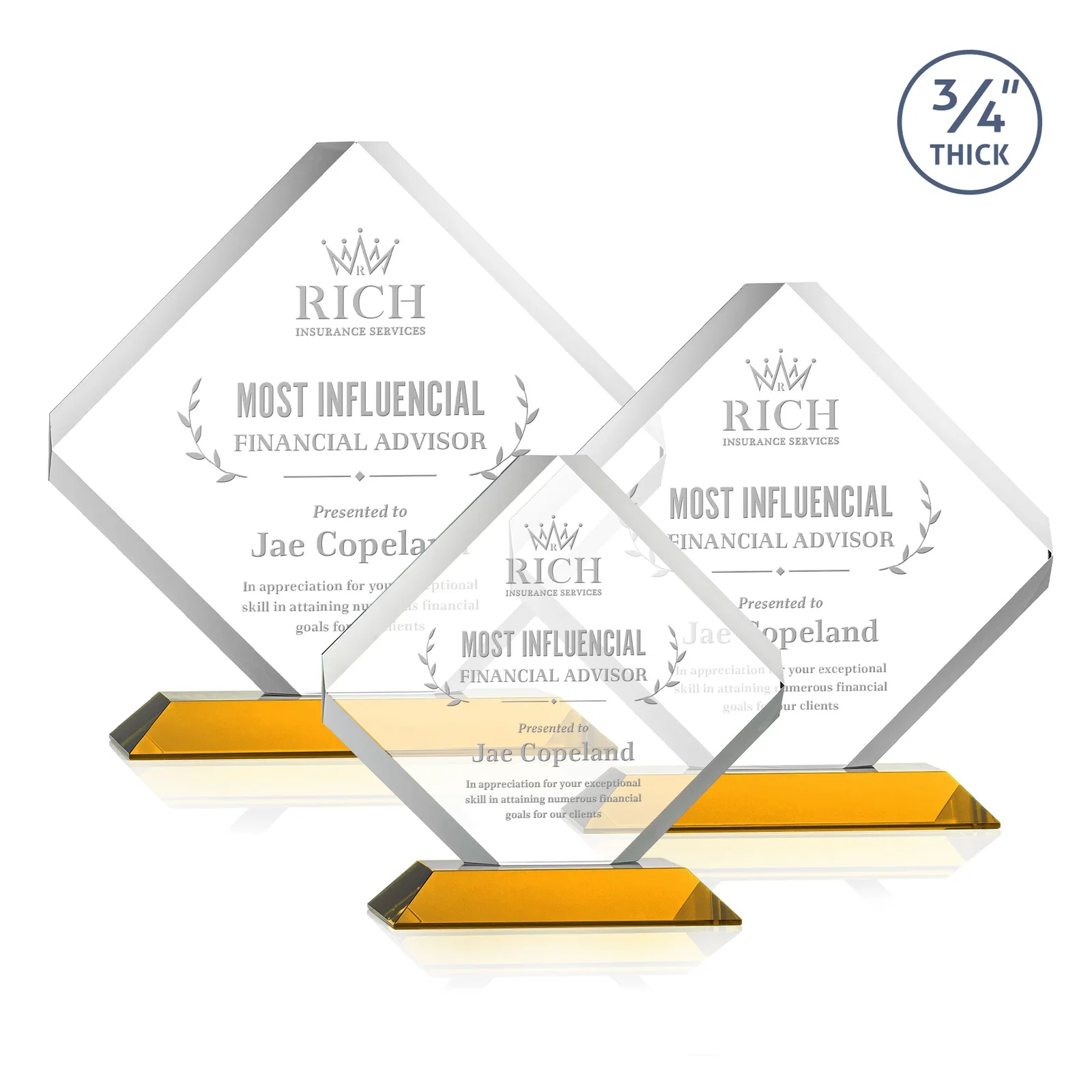 Custom Clipped-Edge Starfire Crystal Diamond Award on Standard Base for team milestone celebrations