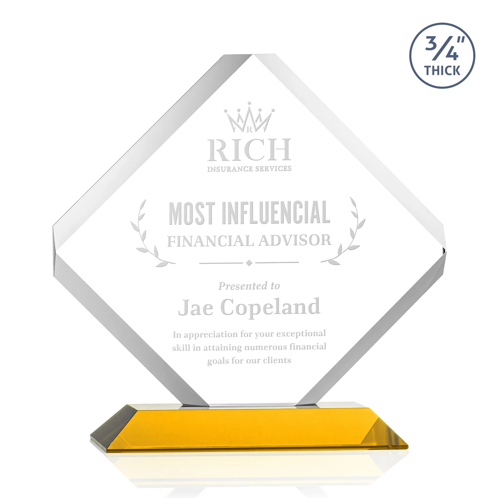 Custom Clipped-Edge Starfire Crystal Diamond Award on Standard Base for graduation ceremonies