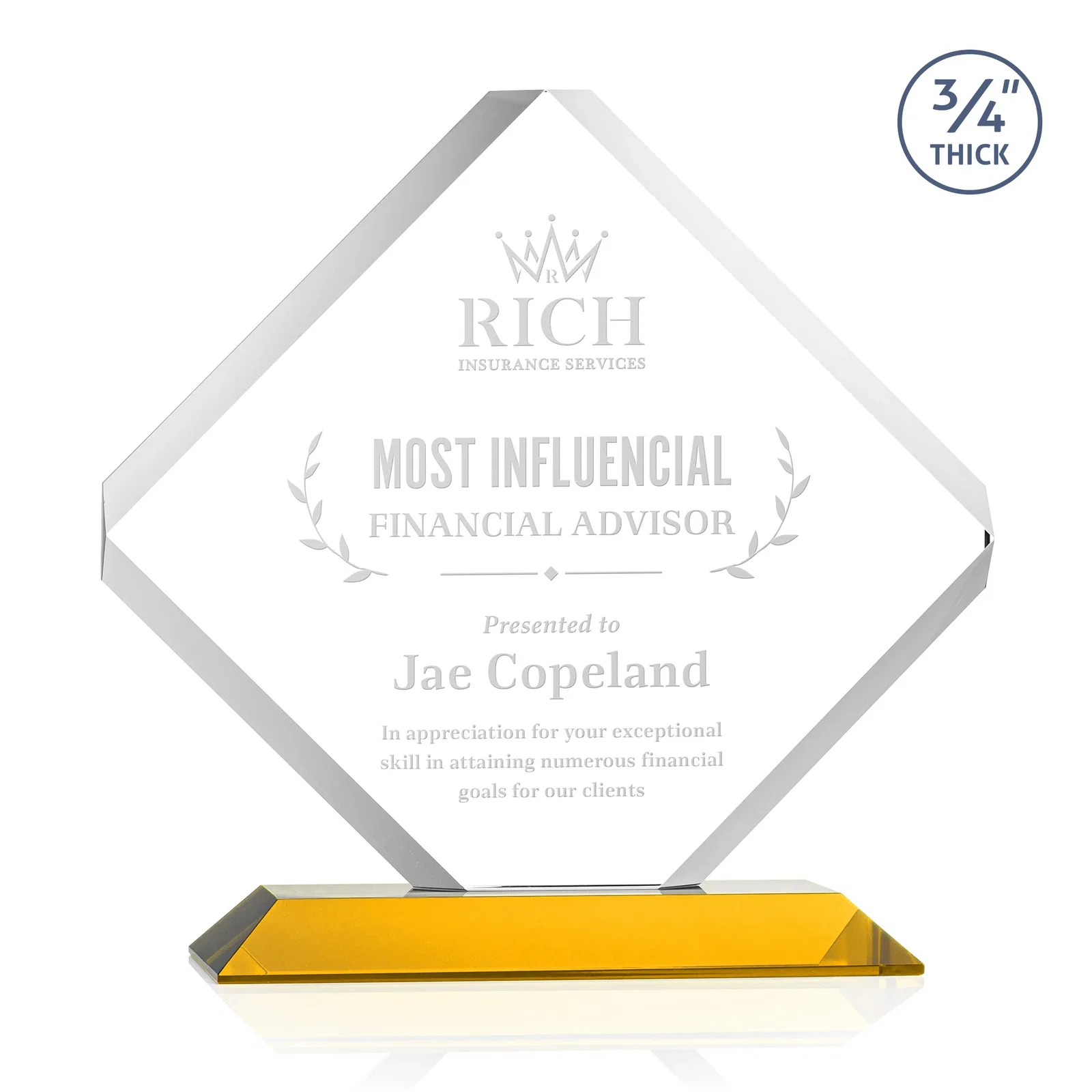 Custom Clipped-Edge Starfire Crystal Diamond Award on Standard Base for safety achievement programs