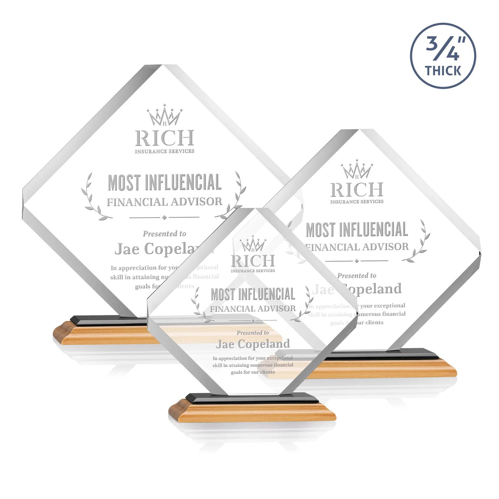 Custom engraved Clipped-Edge Starfire Crystal Diamond Award on Standard Base for corporate award ceremonies