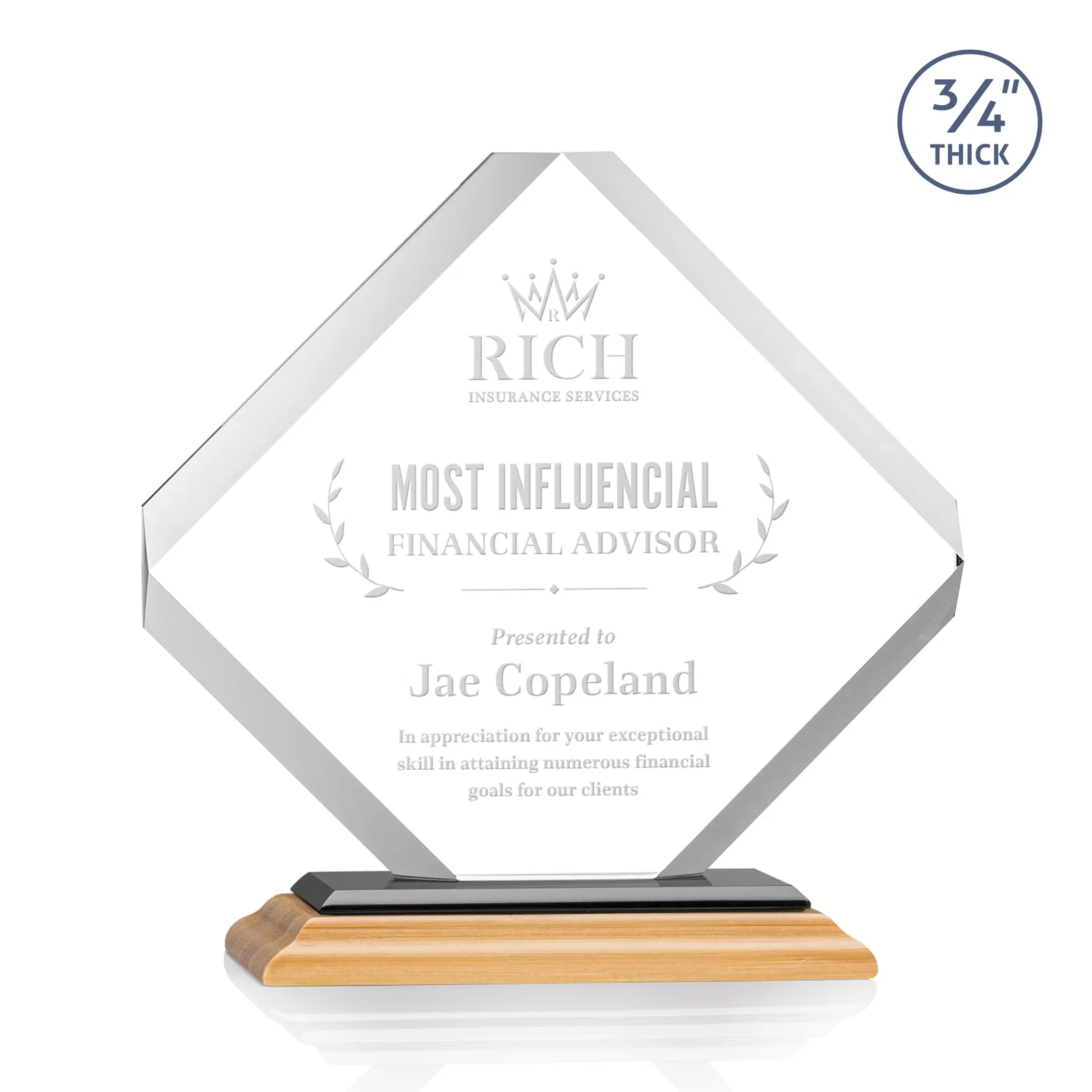 Custom engraved Clipped-Edge Starfire Crystal Diamond Award on Standard Base for service anniversary gifts