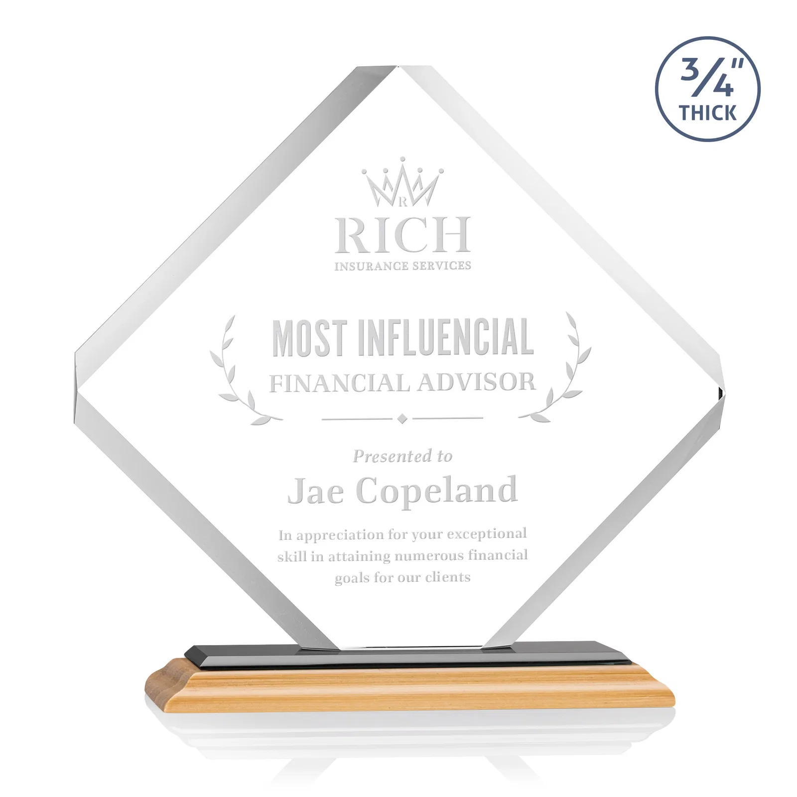 Custom engraved Clipped-Edge Starfire Crystal Diamond Award on Standard Base for retirement presentations