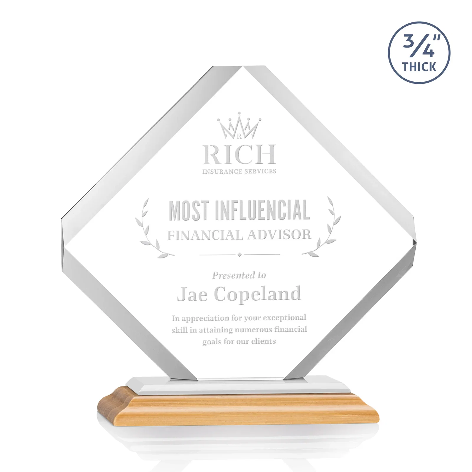 Custom engraved Clipped-Edge Starfire Crystal Diamond Award on Standard Base for donor appreciation