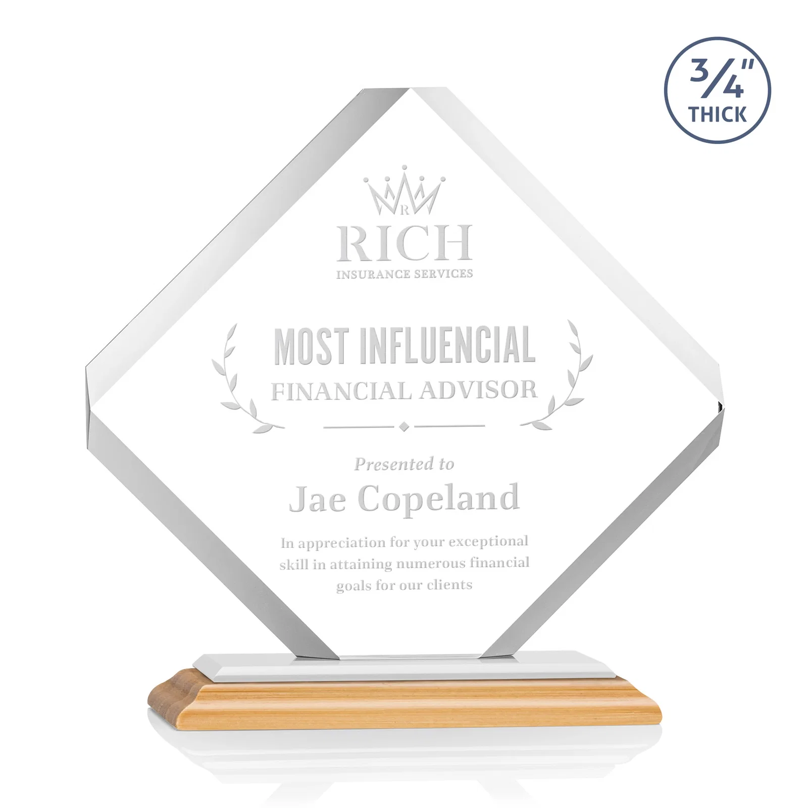Custom engraved Clipped-Edge Starfire Crystal Diamond Award on Standard Base for graduation ceremonies