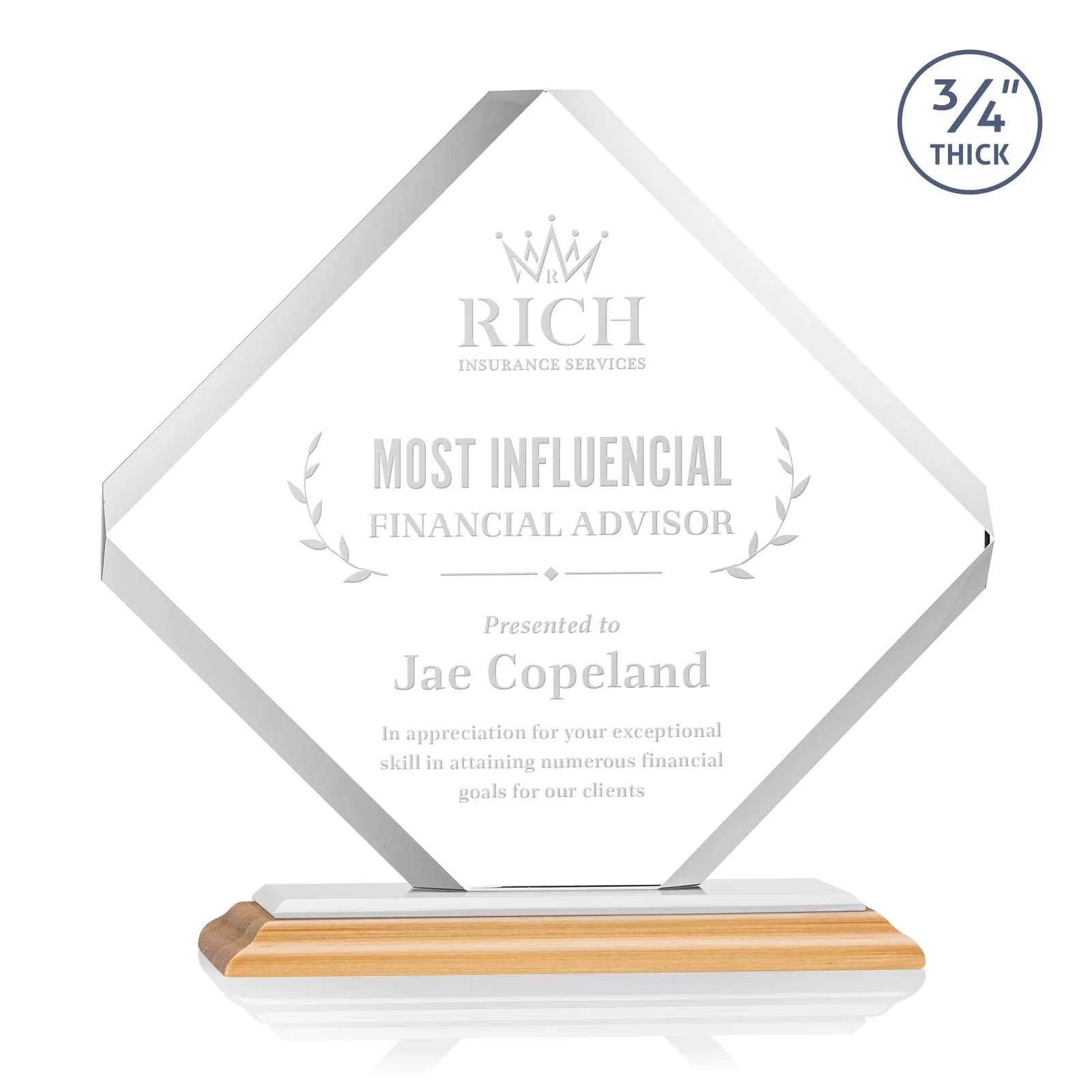 Custom engraved Clipped-Edge Starfire Crystal Diamond Award on Standard Base for safety achievement programs