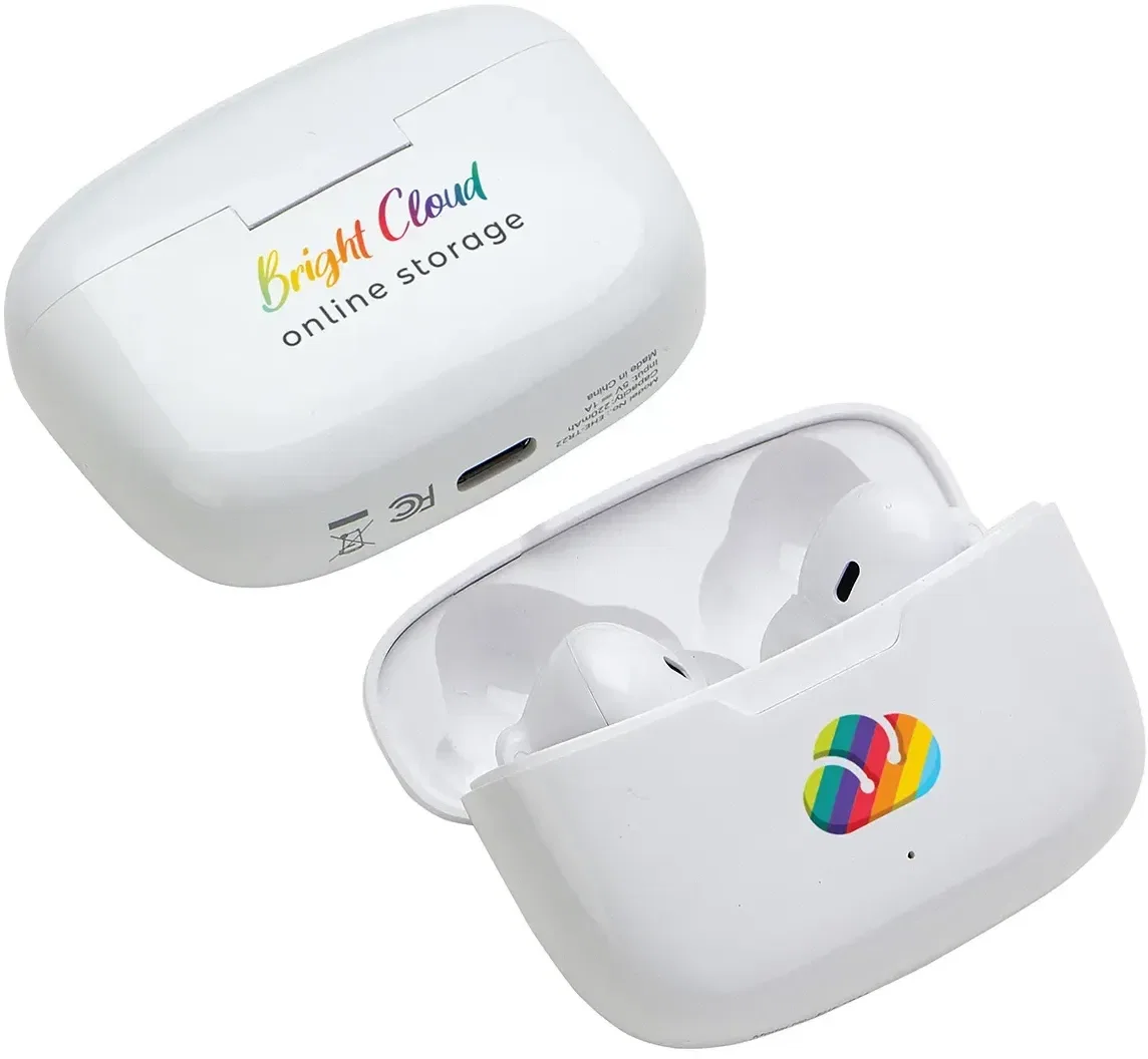 Touring TWS earbuds, custom logo imprint area on case detail