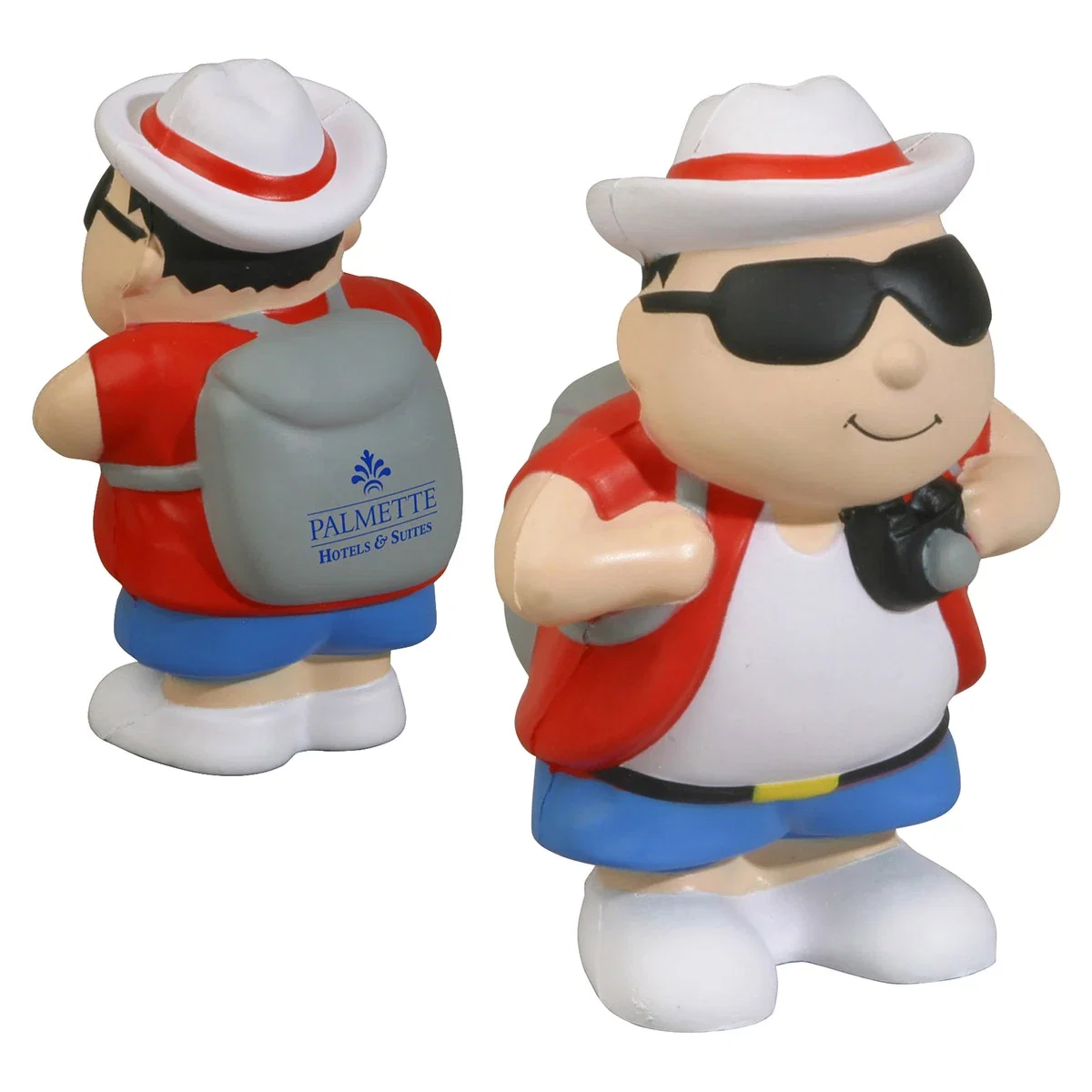 Tourist-shaped polyurethane stress reliever with a backpack imprint area