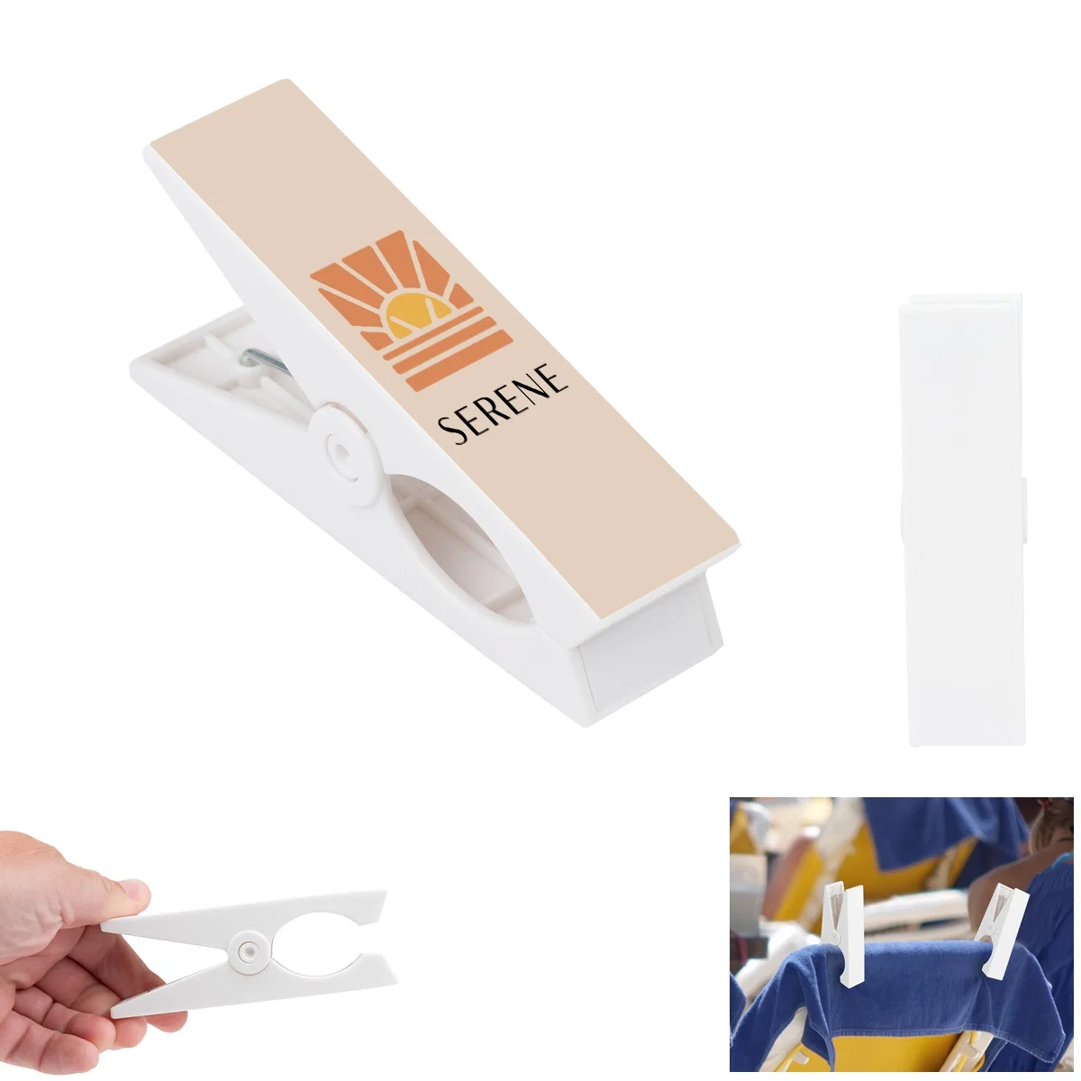 White plastic clip that holds a towel onto a chair