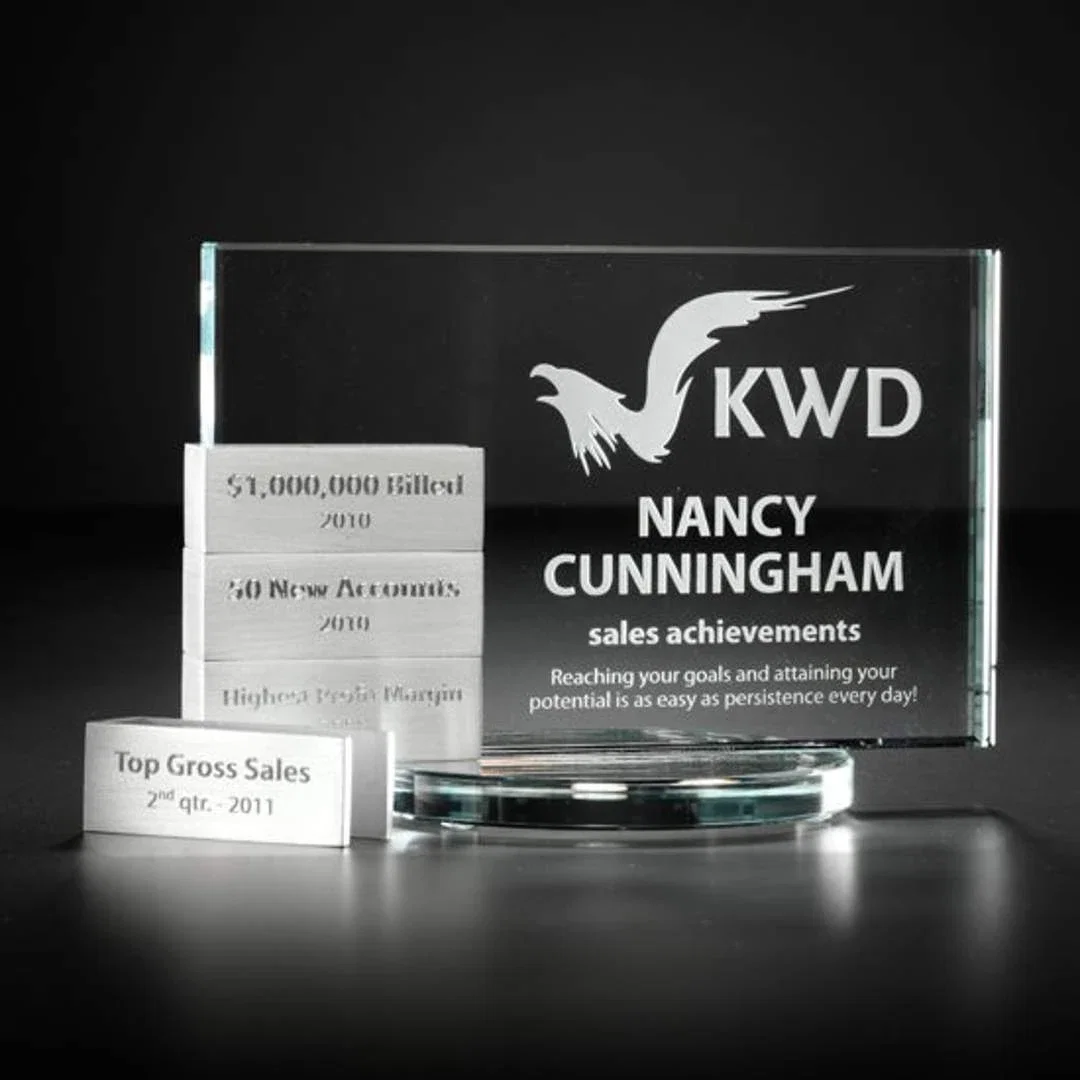 Custom Starfire Crystal Tower Award With Engravable Aluminum Blocks for corporate award ceremonies