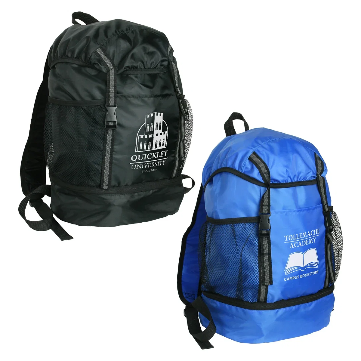 Promotional zip-bottom cinch backpack back view with drawstring straps