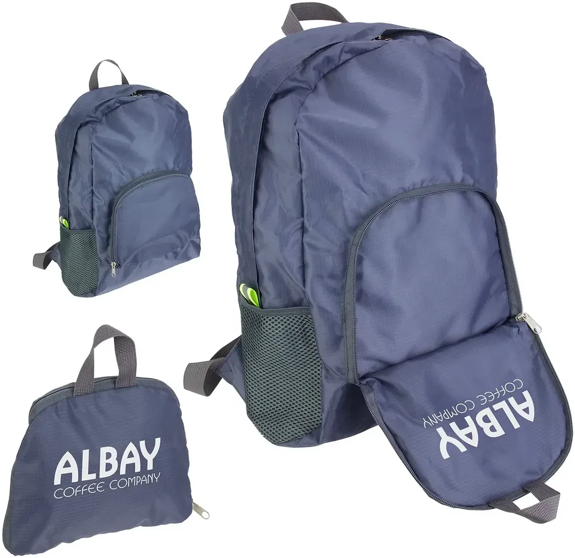 Branded Trailblazer backpack folded into its own compact pouch