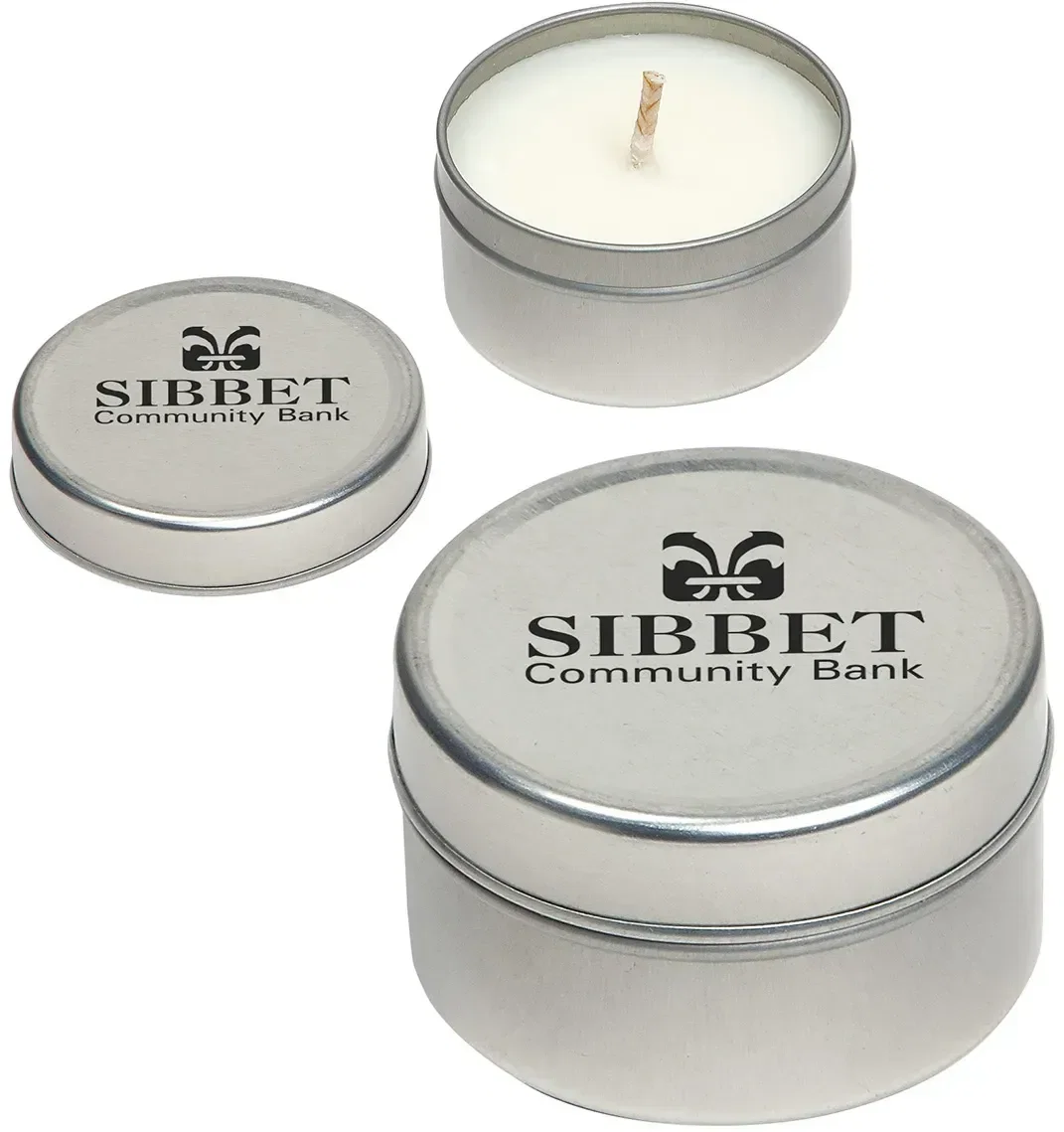 Tranquility Apple Scented custom soy candle tin, branded lidded candle for spas and closings