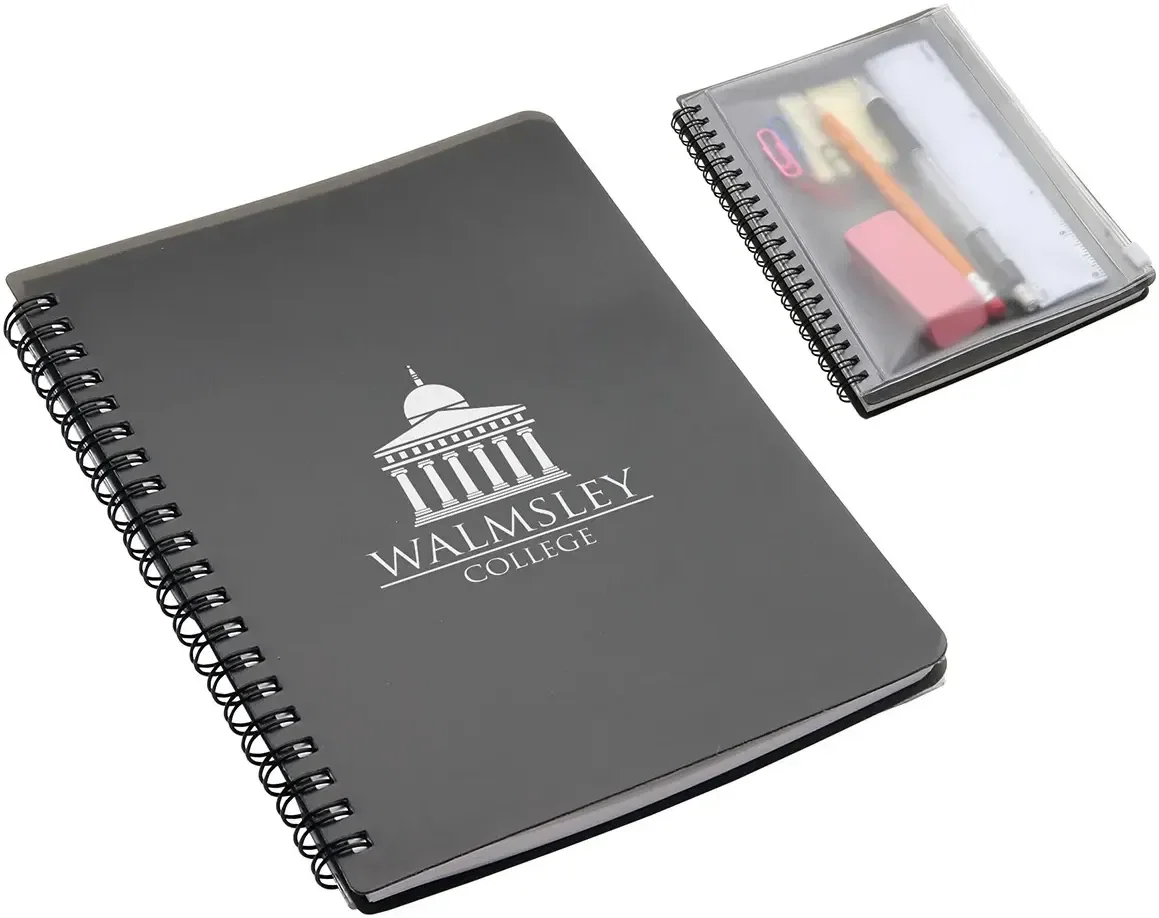 Promotional translucent spiral notebook attached pouch holding cards and cash