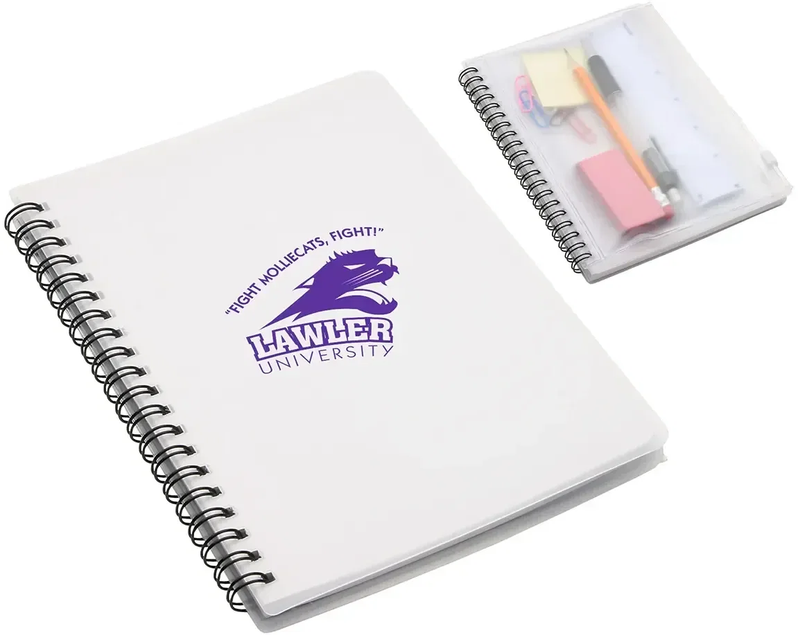 Branded translucent notebook open showing pages behind the vinyl cover