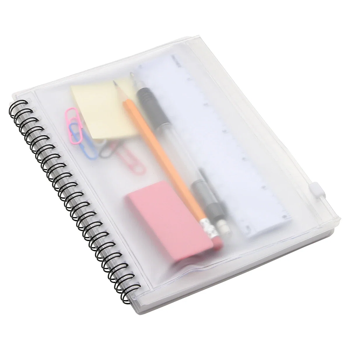 Custom translucent spiral notebook with pouch, angled view of the clear cover