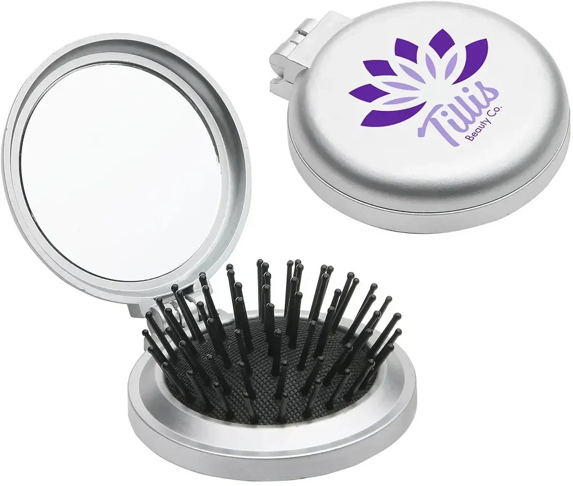 Travel Disk custom pop-out brush and mirror compact with branded logo, closed