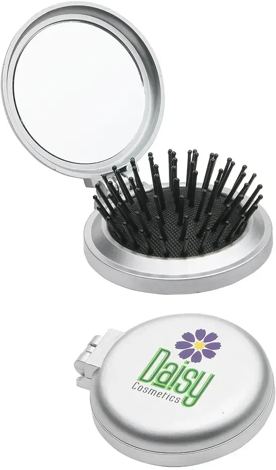 Branded promotional Travel Disk compact flipped open showing brush and mirror