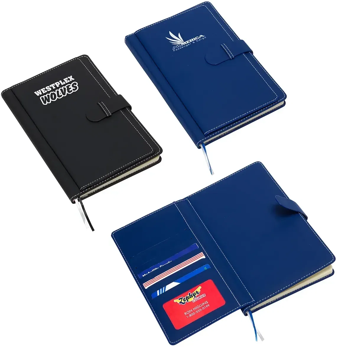 Travel custom branded journal front cover with strap closure and logo area