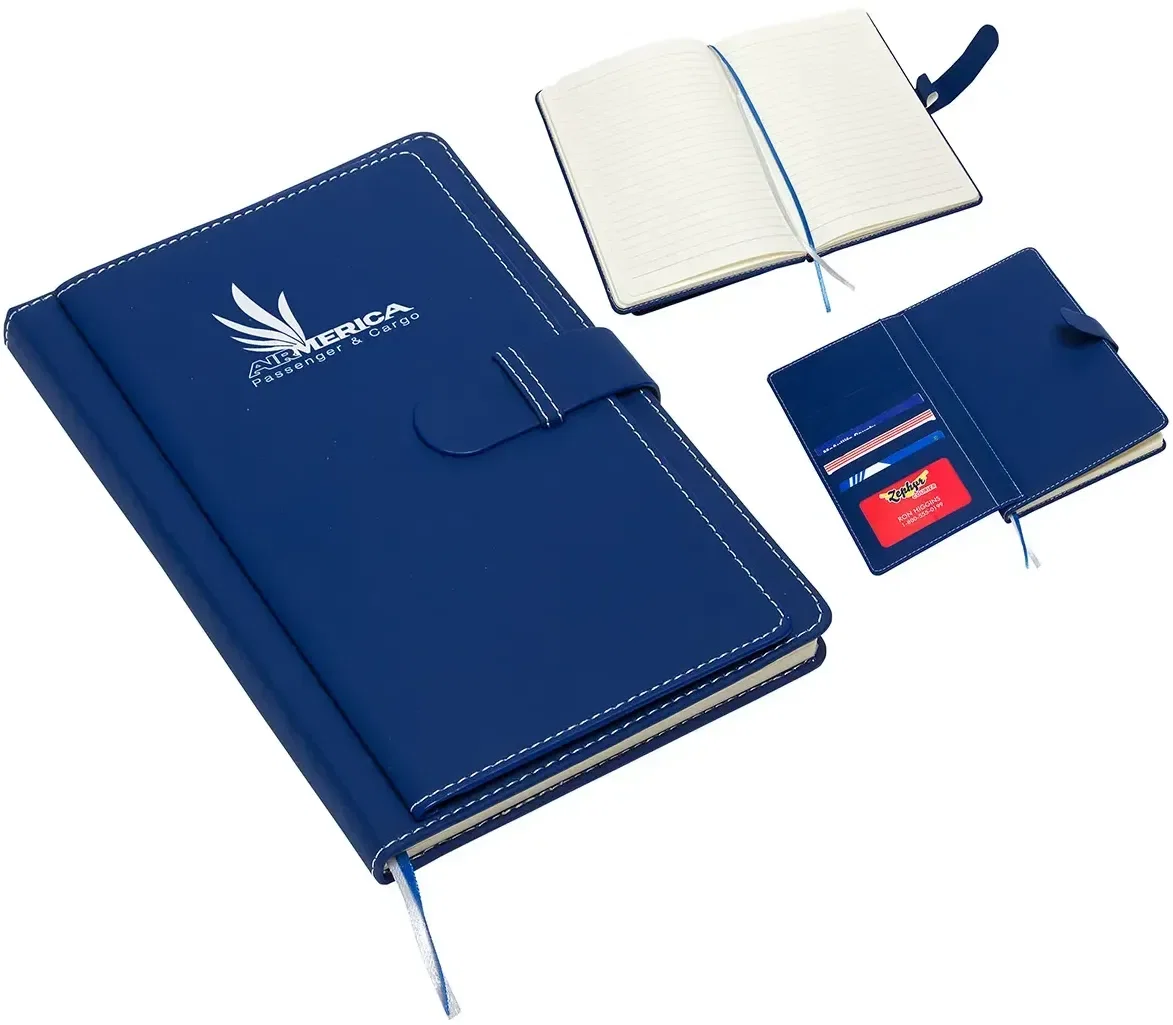 Close-up of custom travel journal card slots and lined pages