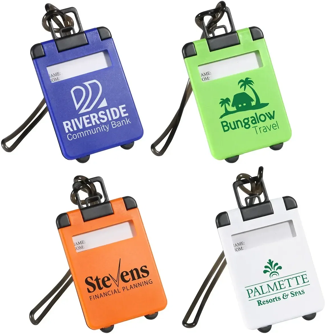 Custom suitcase-shaped Travel Tote luggage tag with branded logo, front view