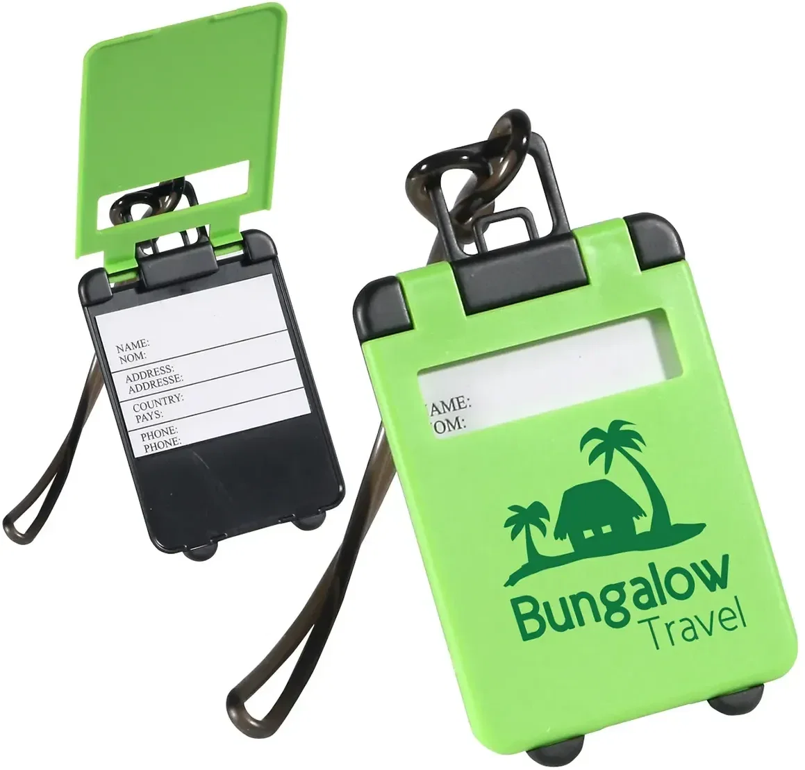 Custom Travel Tote luggage tag close-up of logo imprint on mini suitcase