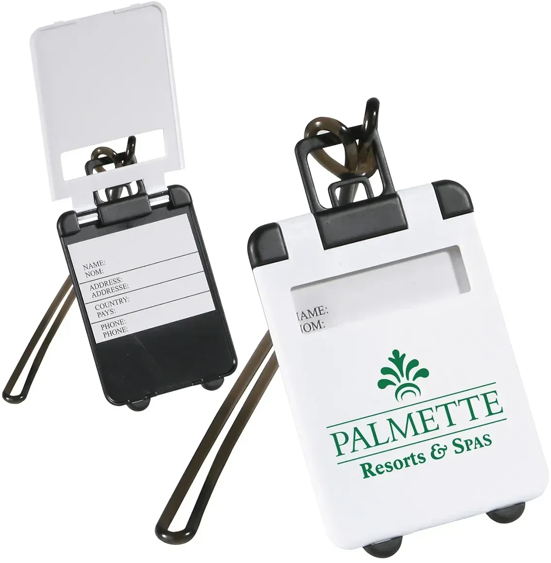 Promotional Travel Tote luggage tag clipped onto a branded travel bag handle