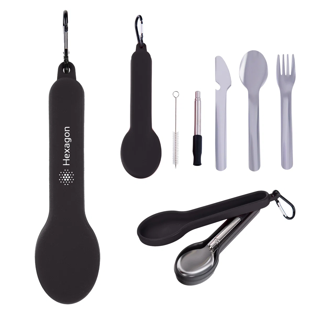 Reusable travel utensil set stored in a silicone holder