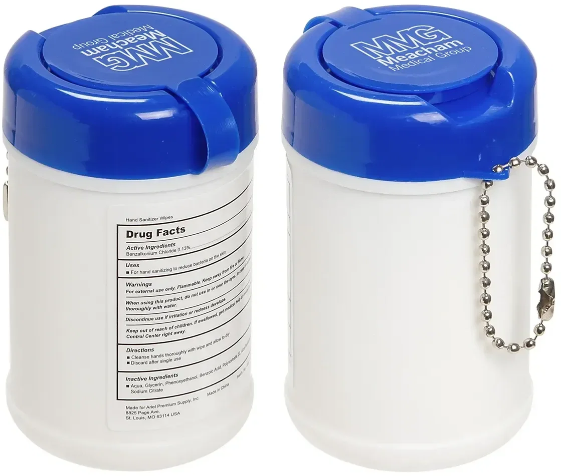 Travel Well custom sanitizer wipes keychain canister with branded clip holding 30 hand hygiene wipes