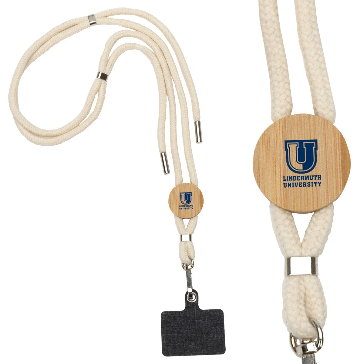 Branded Traveler Phone Carrier & Lanyard worn around the neck, promotional lifestyle shot