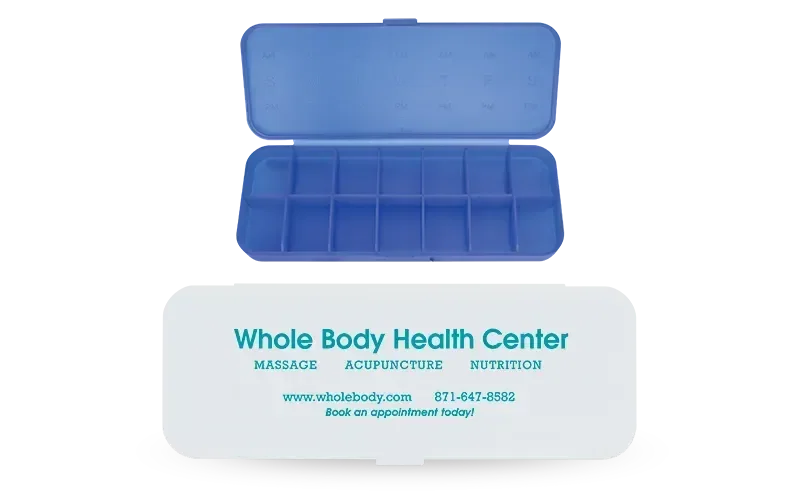 Traveler's All-Week AM/PM Pill Box. AM/PM weekly pill box organizer with 7-day compartments for travel and pharmacy use