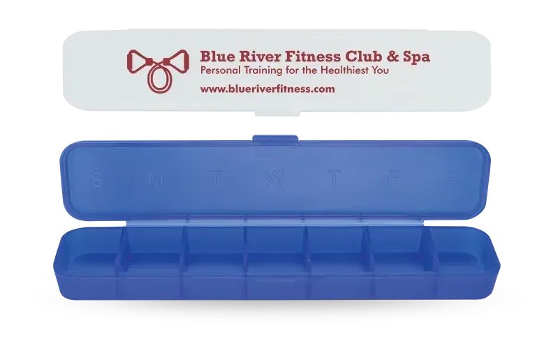 Traveler's All-Week Pill Box. Weekly pill organizer plastic box with 7 day compartments for pharmacy giveaways