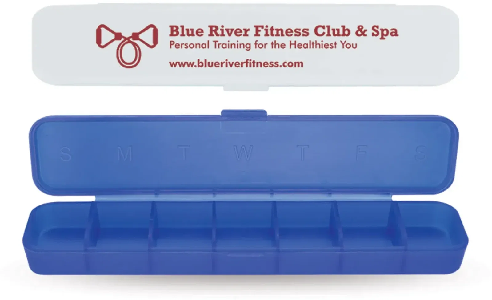 Traveler's All-Week Pill Box. Weekly pill organizer plastic box with 7 day compartments for pharmacy giveaways, view 2