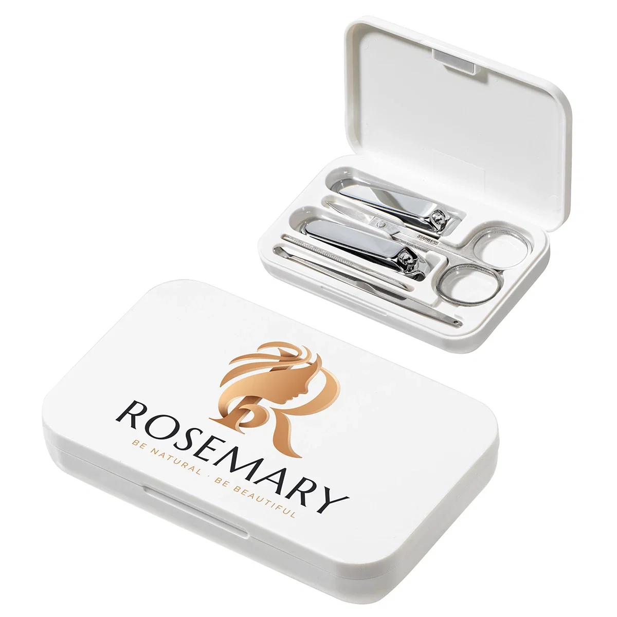 Custom TravelMate Manicure Kit, front view of the branded travel case