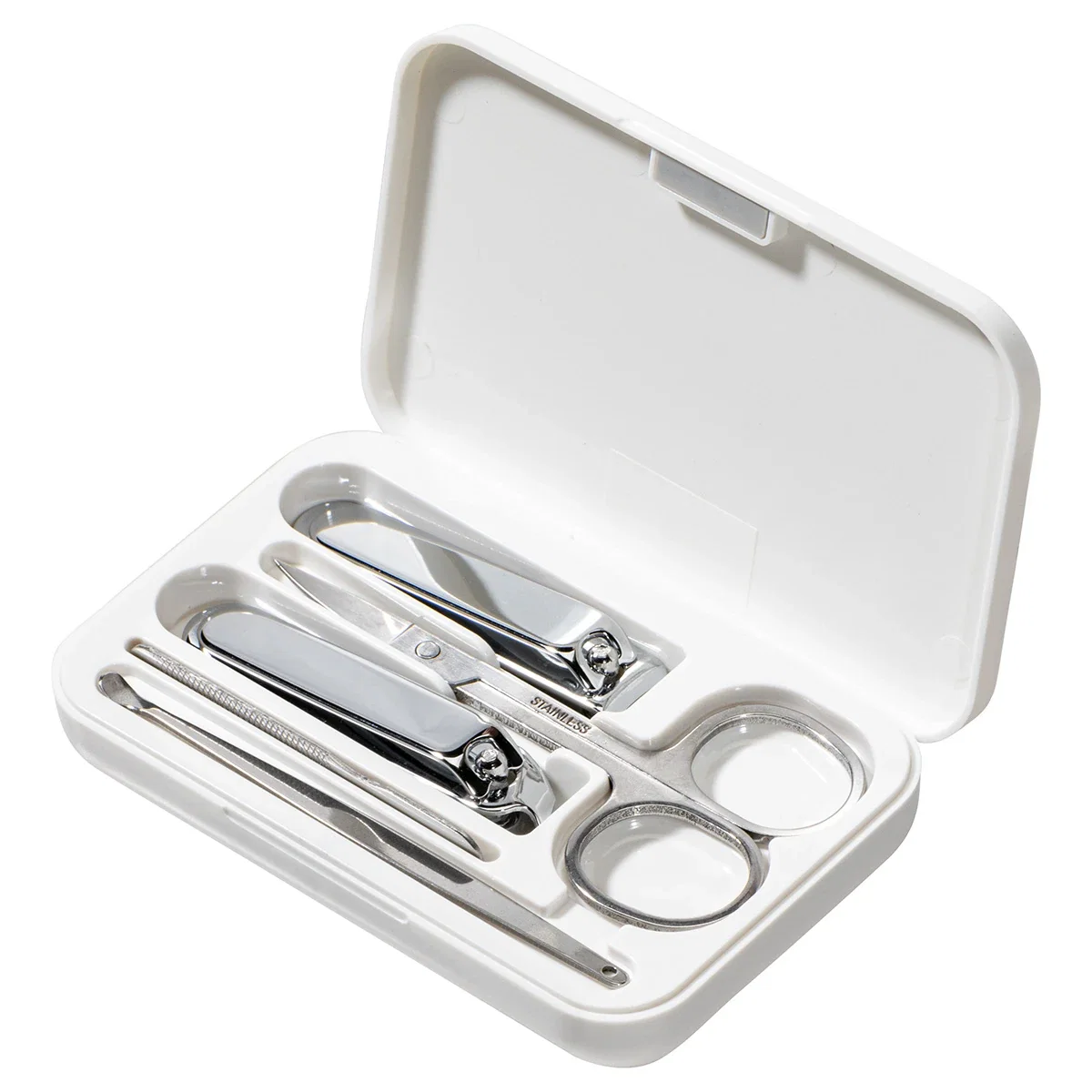 Branded TravelMate Manicure Kit unzipped to show the grooming tools inside