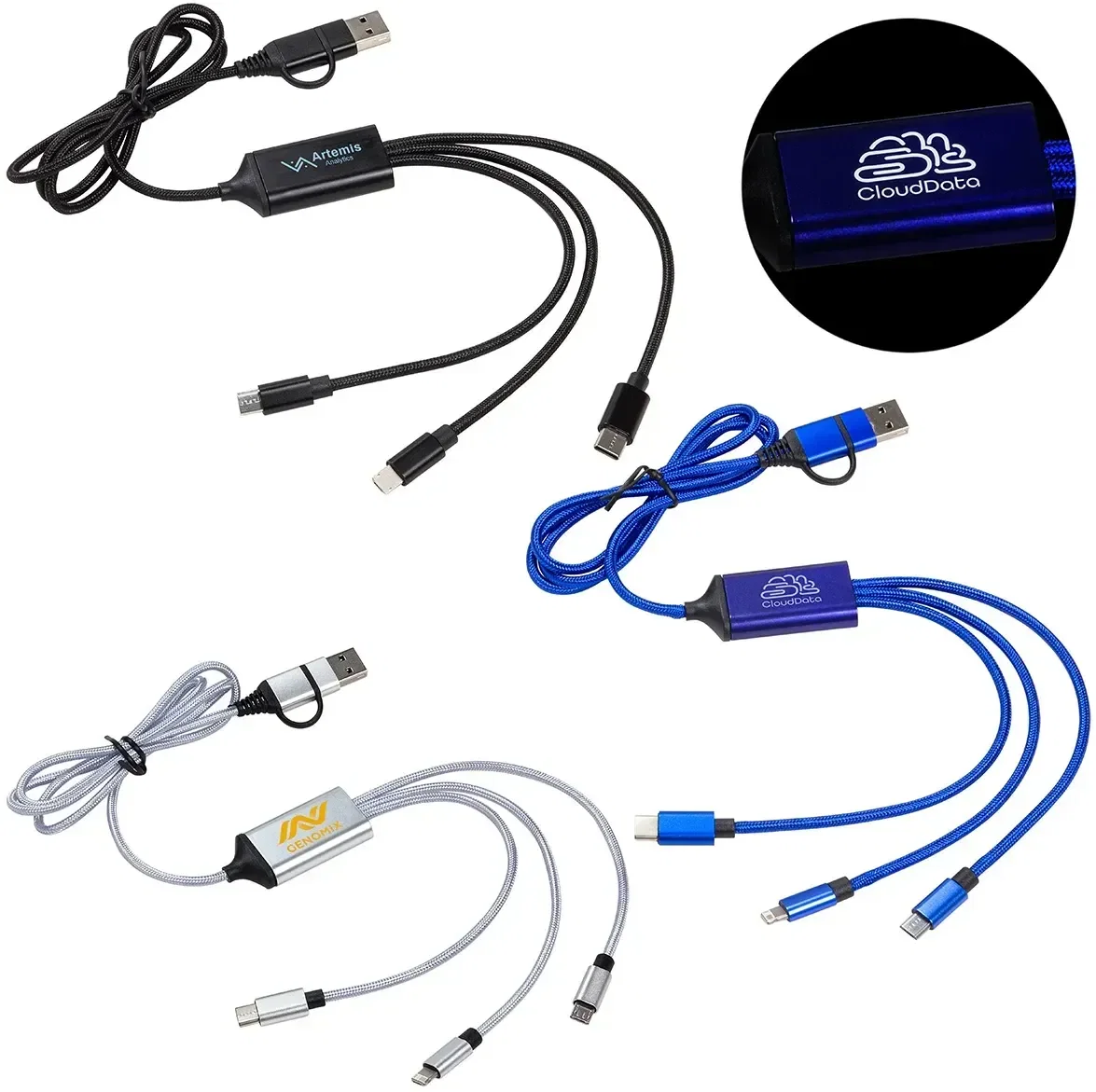 Traverse braided light-up charging cable, custom branded promotional tech giveaway, front view