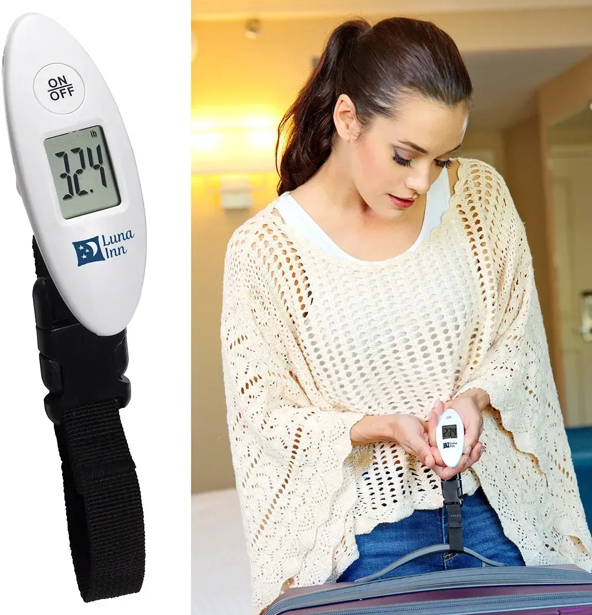 Trek backlit digital luggage scale, custom branded travel scale, hero view with logo