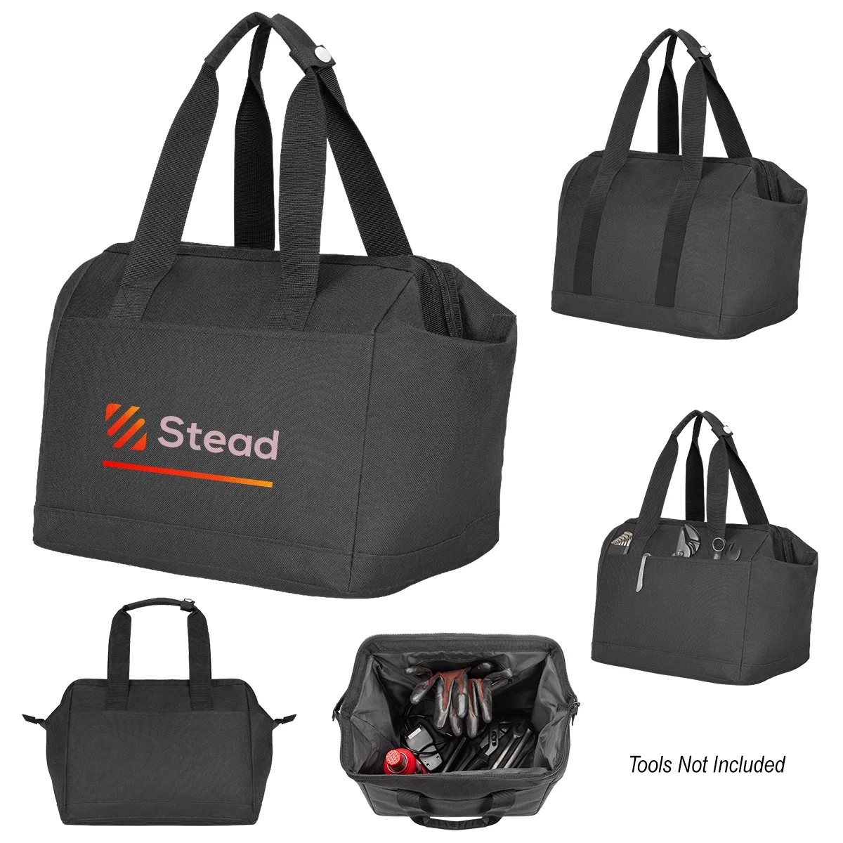 Black tool bag made from recycled material with sturdy carry handles