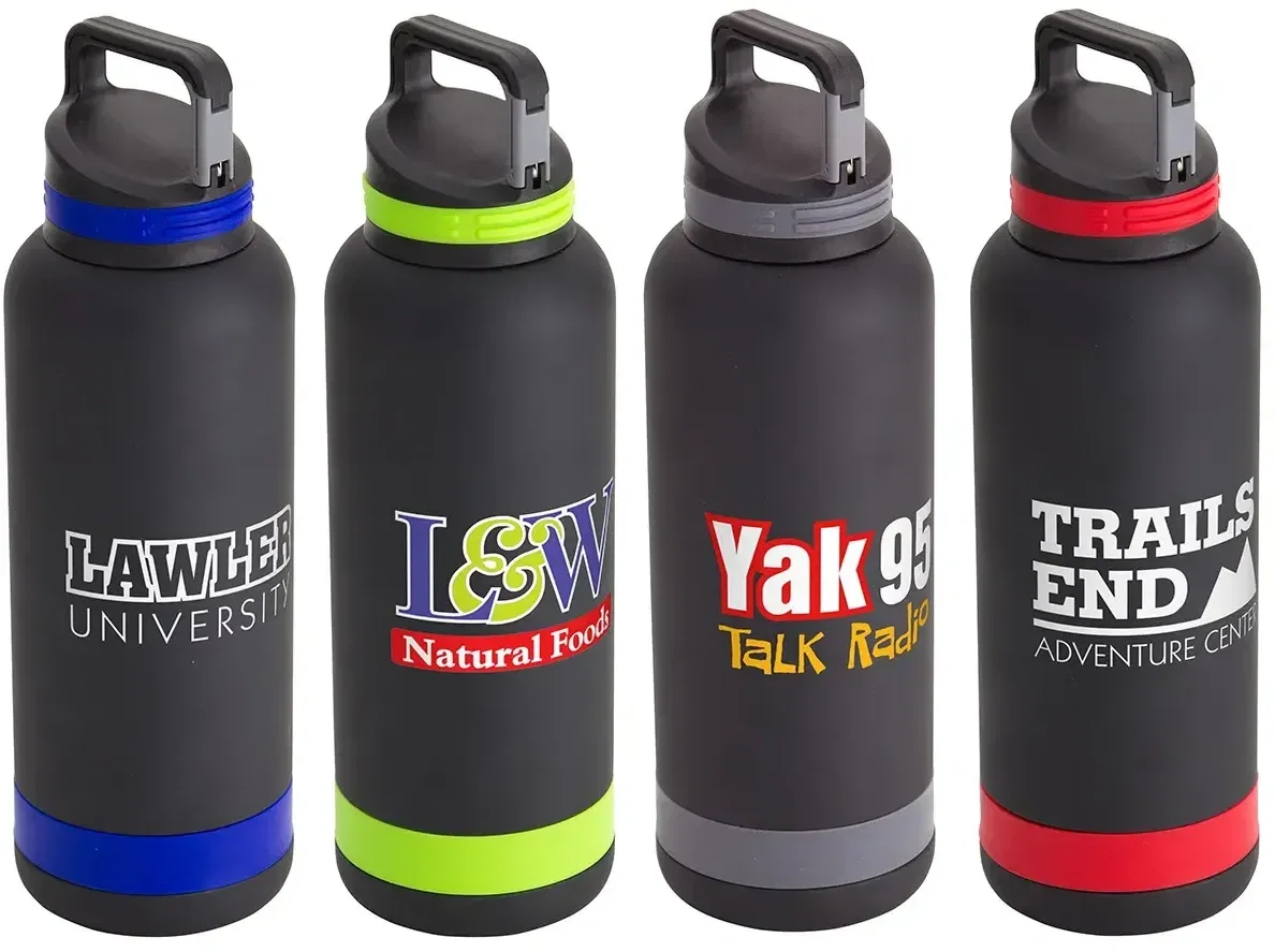 Trenton carabiner-cap 25 oz steel bottle, custom branded promotional water bottle, front view