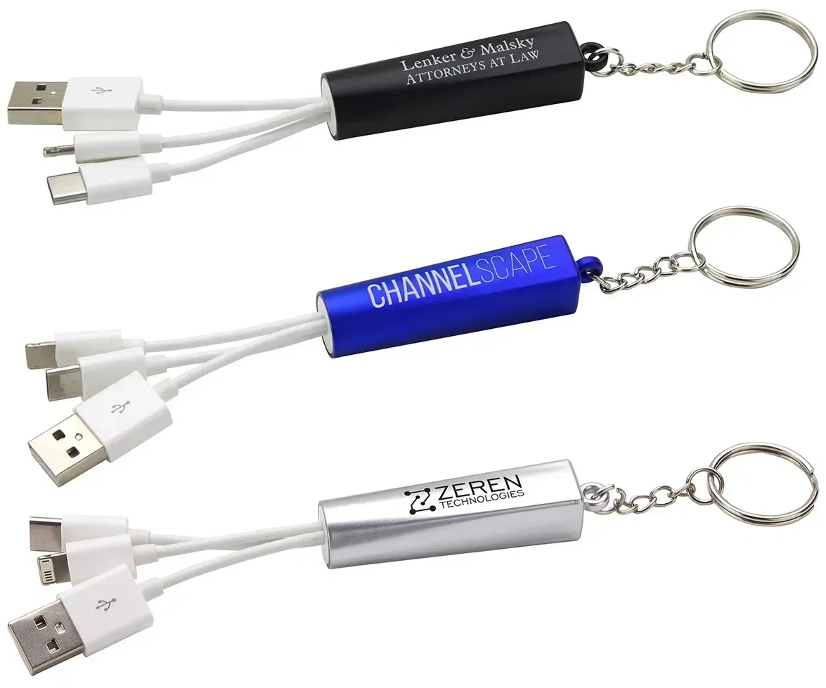 Trey 3-in-1 light-up keychain charging cable with custom logo, front view of branded cable