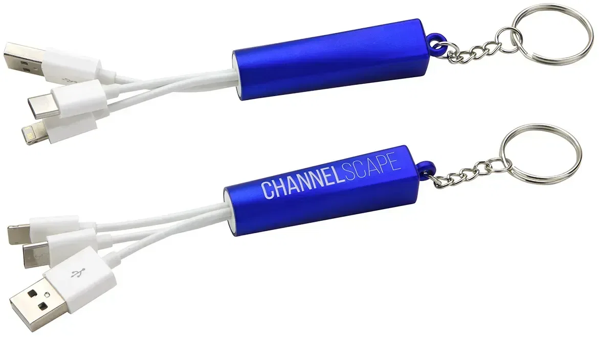 Side view of the promotional Trey light-up keychain charging cable